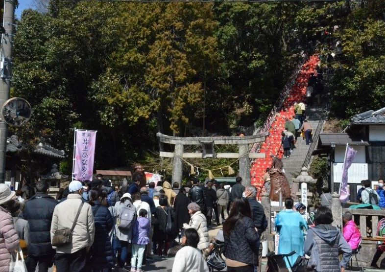宇佐八幡宮の「石段ひな飾り」は人気を集め、訪れた人の長い列ができた