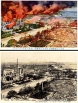 写真改変の絵はがき展示　横浜の大震災被害に煙や炎加筆