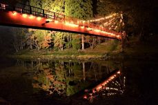 色づく宇甘渓「赤橋」闇に浮かぶ　吉備中央、渓谷ライトアップ