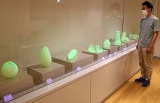 緑に光るウランガラスで器や皿　鏡野の美術館で島根の夫妻作品展