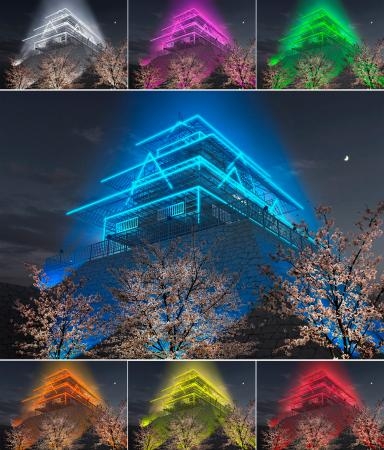 　ライトアップされた福岡城跡の「幻の天守閣」のイメージ。日時によって７色のライトアップが楽しめる（福岡市提供）