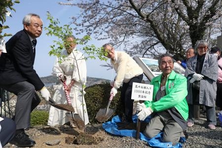 　宮城県気仙沼市の神社で、「熊谷桜」の苗木を植樹する関係者ら＝１４日午後