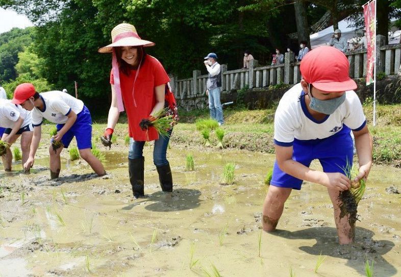 相川さん（手前右から２人目）と一緒に赤米の苗を植える児童