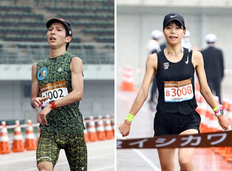 男子で２大会連続の２位に入った山口純平（左）と女子で準優勝した高野温菜