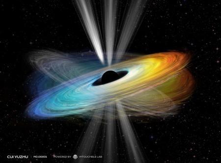 　自転するブラックホールのイメージ（Ｃｕｉ　ｅｔ　ａｌ．（２０２３）、Ｉｎｔｏｕｃｈａｂｌｅ　Ｌａｂ＠Ｏｐｅｎｖｅｒｓｅ、Ｚｈｅｊｉａｎｇ　Ｌａｂ提供）