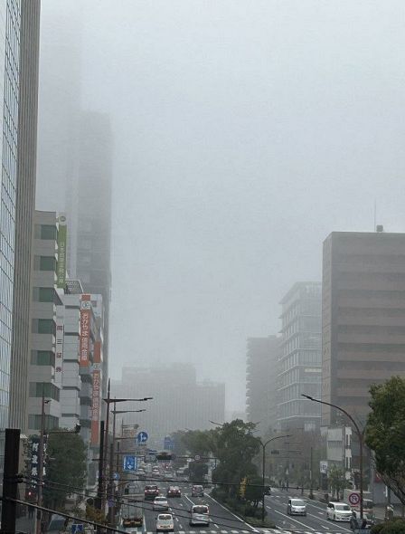 霧に包まれた岡山市役所筋。立ち並ぶビルはかすんで見える＝６日午前９時２２分