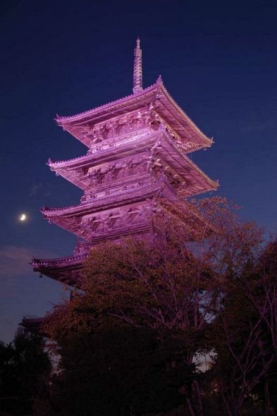 ピンク色にライトアップされた備中国分寺五重塔＝１日午後６時２６分