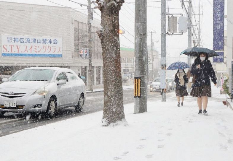 雪で白く覆われた津山市街＝２４日午後４時２８分