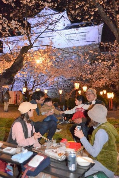備中櫓（やぐら）を眺めながら夜桜の下で飲食を楽しむ家族連れ＝４日