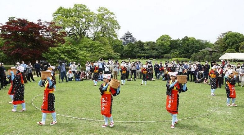 岡山城をバックに、茶摘み踊りを披露する女性