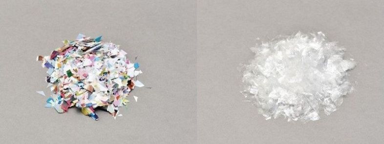 色つきのプラスチック片（左）からインキを除去した状態
