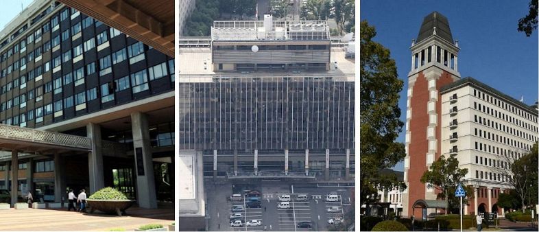 （左から）岡山県庁、岡山市役所、倉敷市役所