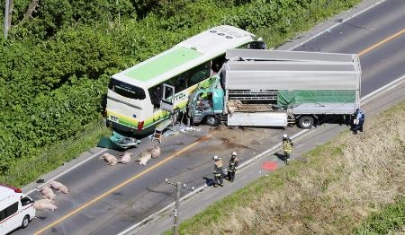 　事故で大破したトラックとバス＝１８日、北海道八雲町