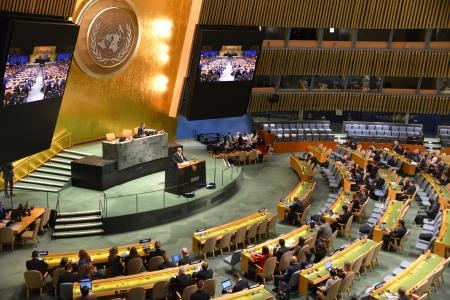 　ウクライナ侵攻２年について協議する国連総会の会合＝２３日、ニューヨークの国連本部（共同）