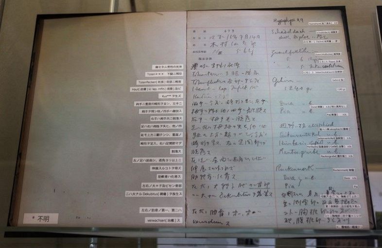 木村仙太郎さんの解剖録の写し。ハンセン病の後遺症のためか、両手の指が失われていたことなどが記されている。展示に当たって翻訳文を付けた
