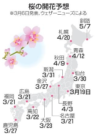 　桜の開花予想（３月６日発表、ウェザーニューズによる）
