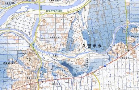 　福岡県久留米市の浸水推定図。青色が濃いほど水深が深く、中央下が３・８メートルと推計された同市善導寺町島付近（国土地理院提供）
