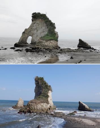 　千葉県いすみ市の海岸にある観光地「夫婦岩」（上、２０２３年６月）。岩のトンネル状になっている所の天井部分が崩れ落ちていた＝４日（千葉県夷隅土木事務所提供）