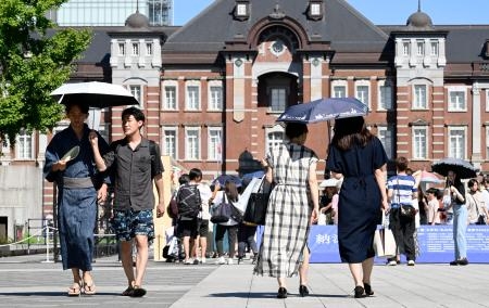 　強い日差しの中、ＪＲ東京駅前を歩く人たち＝２９日午後