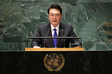 　２０日、国連総会一般討論で演説する韓国の尹錫悦大統領＝米ニューヨーク（ロイター＝共同）