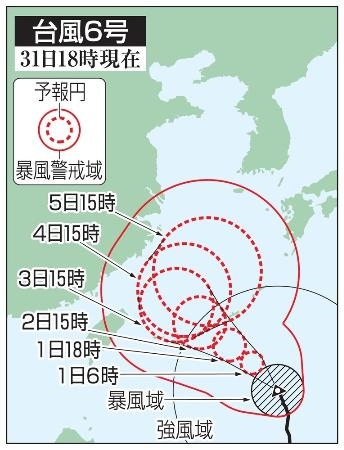 　台風６号の５日先予想進路（３１日１８時現在）