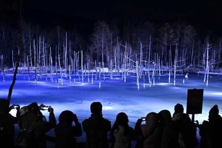 暗闇に浮かぶ雪化粧の池 北海道・美瑛、光の演出：山陽新聞デジタル