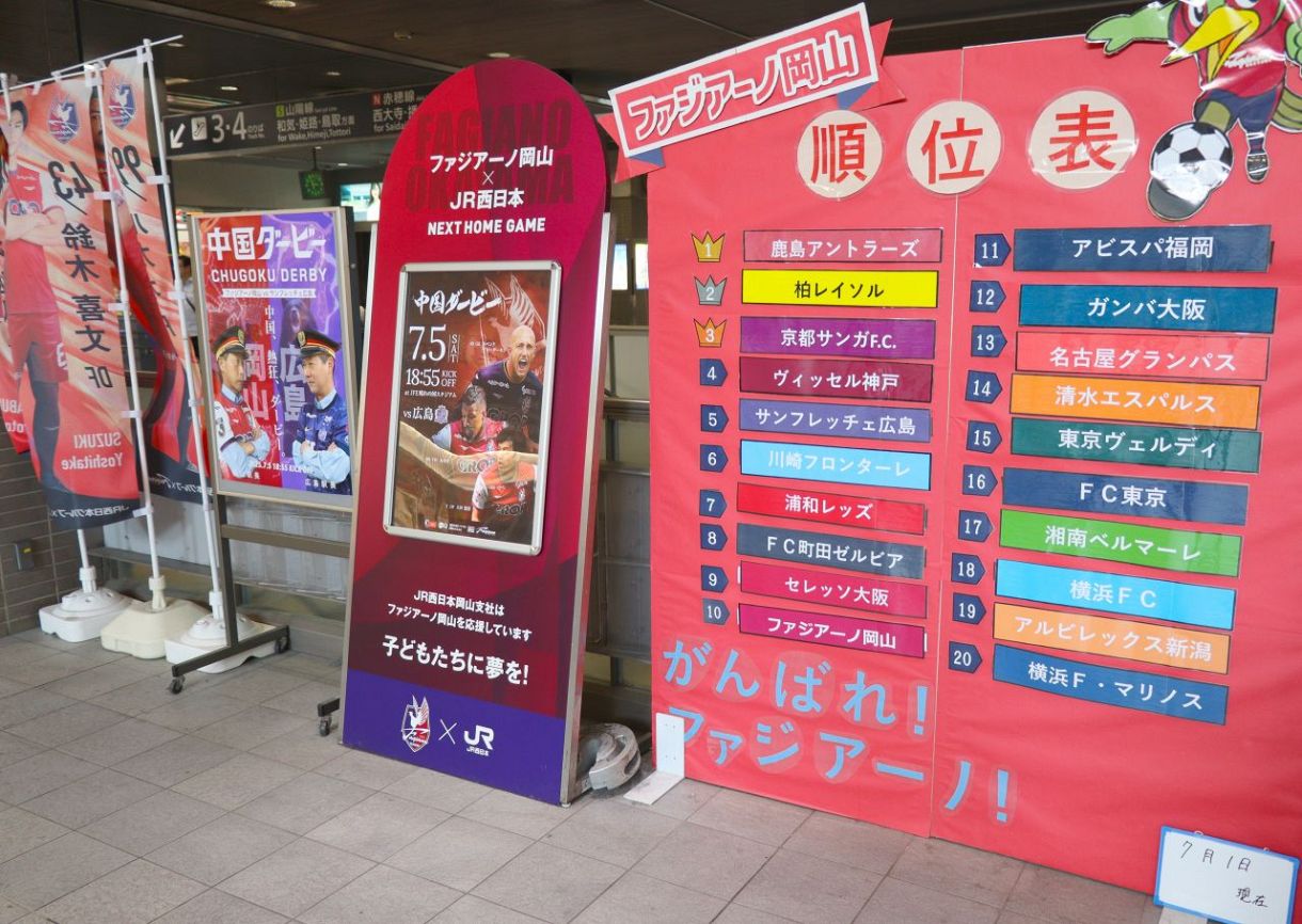 J1中国ダービー 駅長もバチバチ！？ 岡山駅、広島駅に煽るポスター