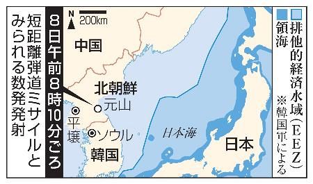 北朝鮮が短距離弾数発発射　日本海、ＥＥＺ外落下