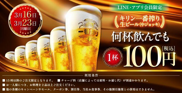 白木屋・魚民などで「生ビール1杯100円」セール 何杯でもOK 3月16日
