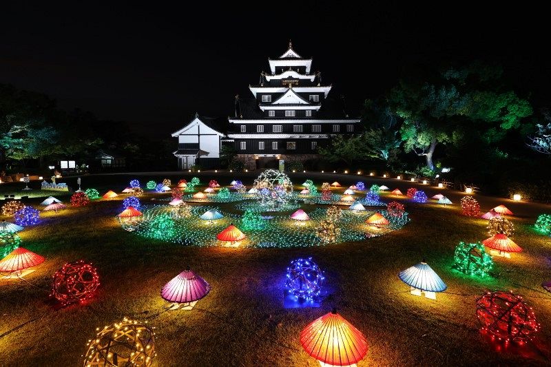 名園と名城包む鮮やかな光　夏の「幻想庭園」「烏城灯源郷」試験点灯、１日開幕