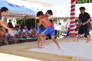 四角い土俵で熱い一番　勝央北小 全校児童が相撲大会