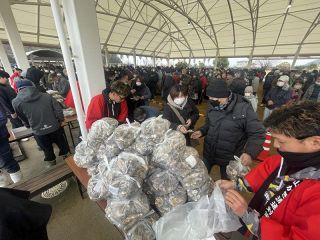 新鮮な殻付きカキ 買い物客続々　よりしま海と魚の祭典