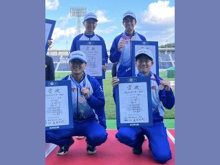 アーチェリー成年男子団体　岡山３位　２４年ぶり表彰台　青森国スポ　自転車男子の岡山はチームスプリント７位　４０００㍍団体追い抜きは３決へ