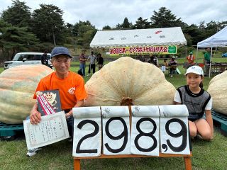 どでカボチャ岡山県１位は２９８.９キロ　森本さん（高梁）大会初の３連覇　