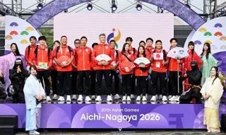 アジア大会、選手団歓迎式典　日本の井上団長「全力尽くす」