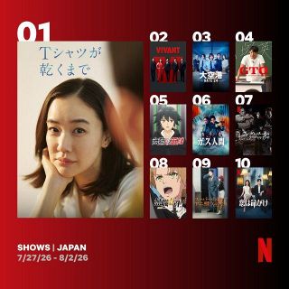 Netflix週間視聴ランキング（番組）：『Tシャツが乾くまで』3週連続1位、韓国ドラマ『恋は命がけ』が初登場【7/27/26 - 8/2/26】