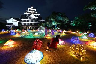 家族連れら優美な光に酔いしれる　「幻想庭園」「烏城灯源郷」会期終盤 ２３日まで