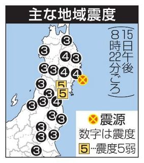 宮城県で震度５弱　Ｍ６・４、津波なし